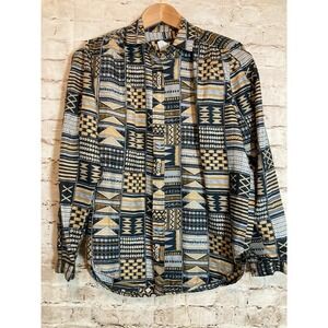 Bernini Silk Top Womens 10 Navy & Tan Aztec Diamond Print Hidden Button Up